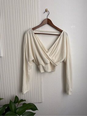 Sadie & Sage Cream Wrap Front Surplice Long Sleeve Crop Top